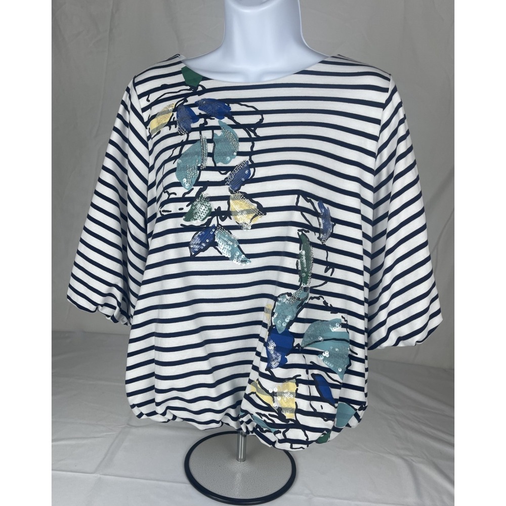CHICOS SIZE 2 NAVY WHITE STRIPED TOP SEQUIN FLORAL 3/4‎ SLEEVE NAUTICAL